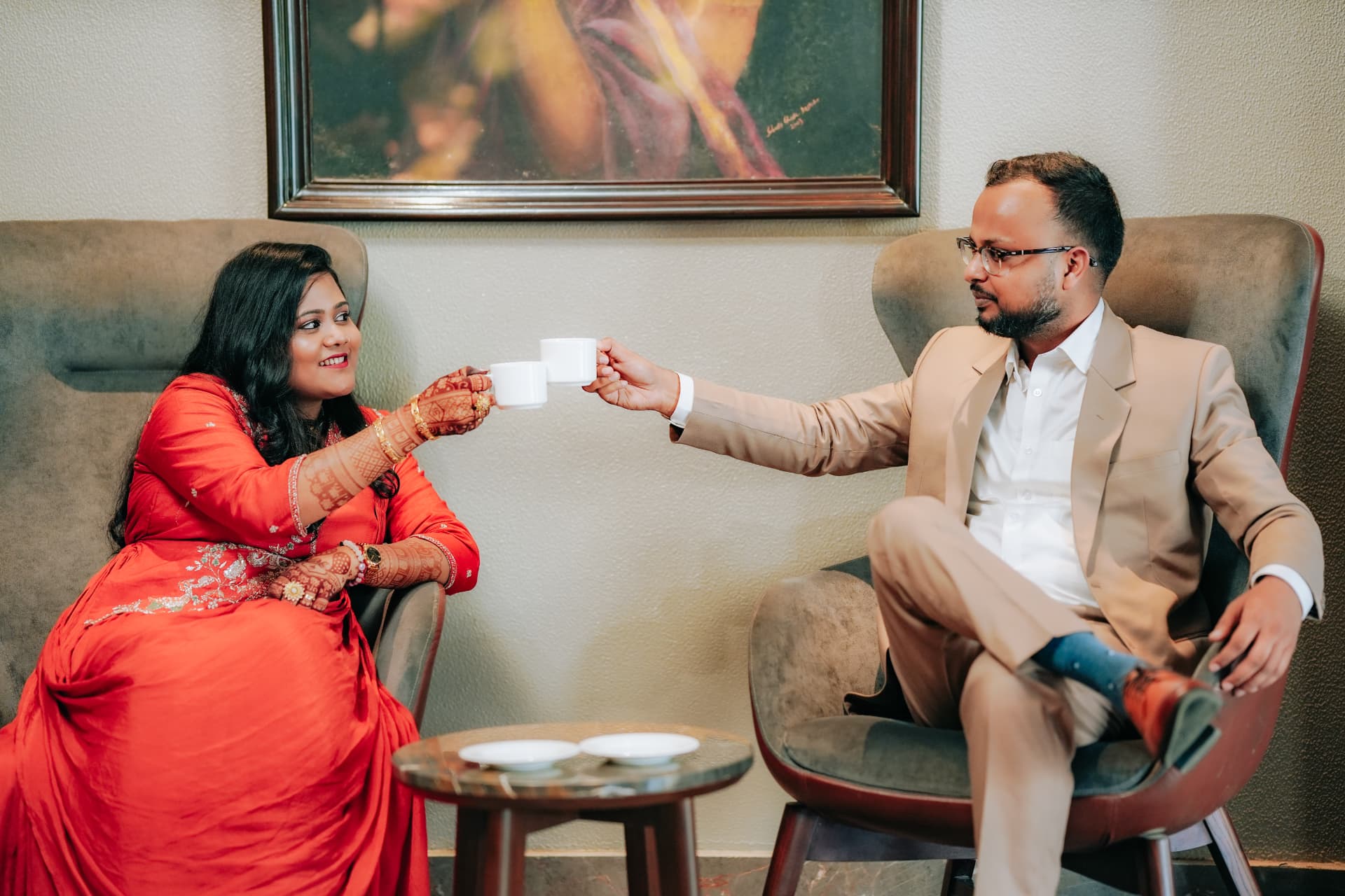 The couple sharing a cup of tea
